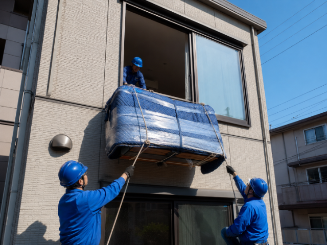 クレーン車が入れない立地での手吊り作業