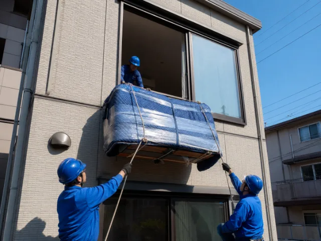 クレーン車が入れない立地での手吊り作業